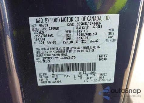 2003 Ford F-150 Xl/Xlt from USA, damaged, VIN 2FTRX17213CB02470